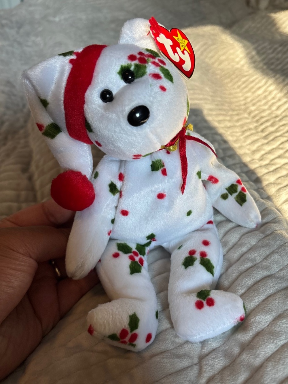 Vintage Ty Beanie Baby 1998 Holiday Teddy Bear Christmas Holly Nightcap MWMT